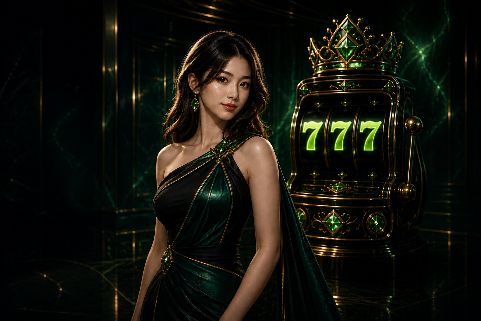 Premium casino host beside a crowned 777 slot machine